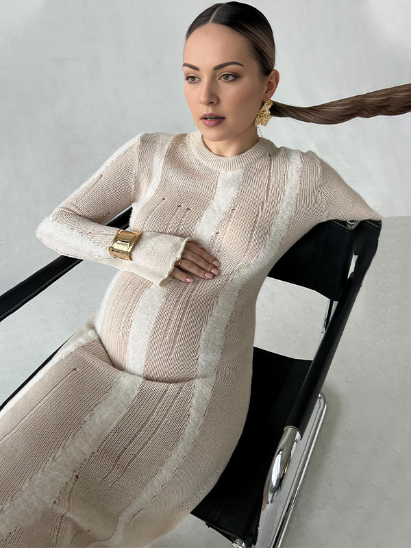 Momyknows Khaki Knit Striped Cut Out Flare Sleeve Bodycon Photoshoot Baby Shower Maternity Maxi Sweater Dress Khaki / M