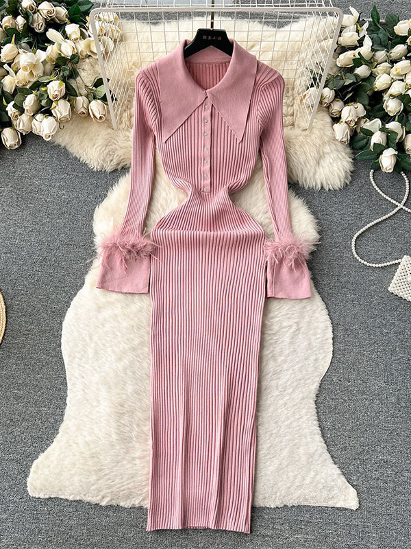 Momyknows Feather Slit Flare Sleeve Turndown Collar Bodycon Photoshoot Baby Shower Maternity Maxi Sweater Dress