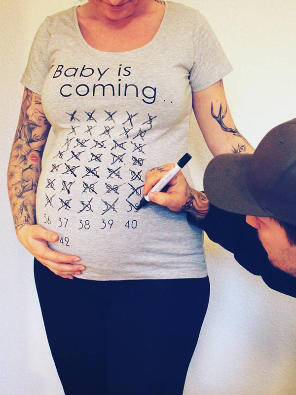 Momyknows Countdown Baby Is Coming Letter Printed Round Neck Short Sleeve Plus Size Casual T-shirt Creative Maternity Top