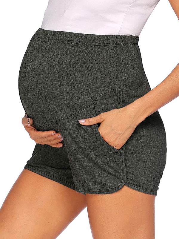 Momyknows Solid Color Over The Belly Side Slits Pockets High Waisted Workout Cozy Pants Casual Maternity Shorts