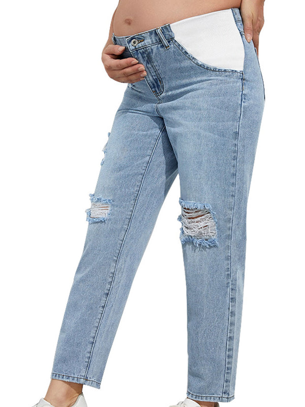 Momyknows Straight Leg Comfy Stretch Low-Rise Ripped Distressed Denim Pregnancy Pants Casual Boyfriend Maternity Jeans