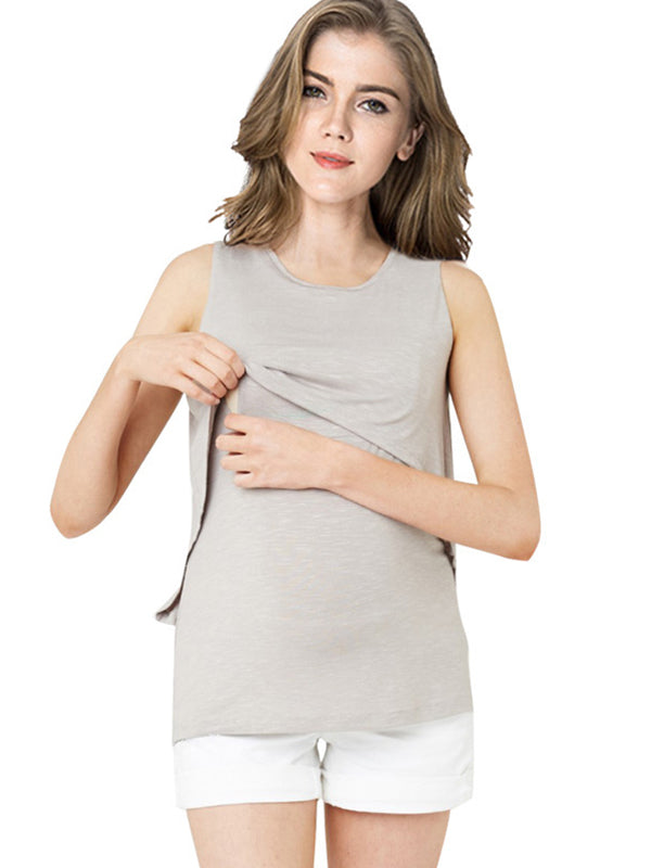 Momyknows Solid Color Ruffled Sleeveless Breastfeeding Basic Tank Top Casual Daily Maternity Nursing Top