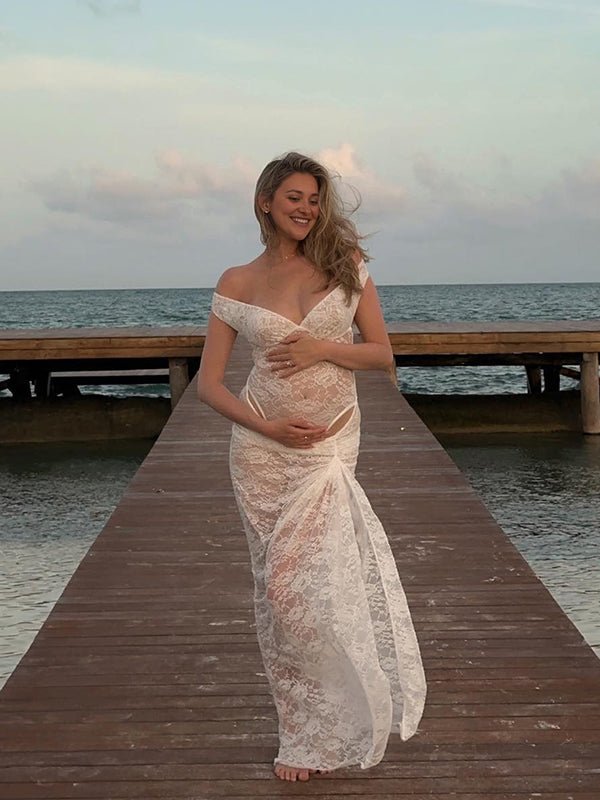 Momyknows Lace Off Shoulder Backless Bodysuit And Ruched Bodycon Skirt Two Piece Set Elegant Sheer Maternity Photoshoot Maxi Dress