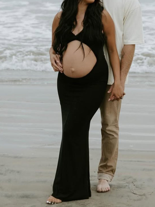 Momyknows Black Ruffle Cut Out Ruched Cami Elegant Maternity Photoshoot Maxi Dress