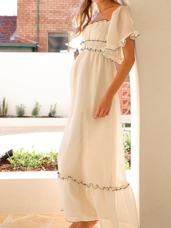 Momyknows Apricot Lace Ruffle Puff Sleeve Flowy Elegant Maternity Photoshoot Baby Shower Maxi Dress