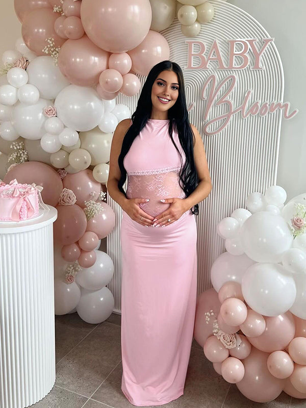 Momyknows Lace Patchwork Backless Elegant Maternity Baby Shower Maxi Dress