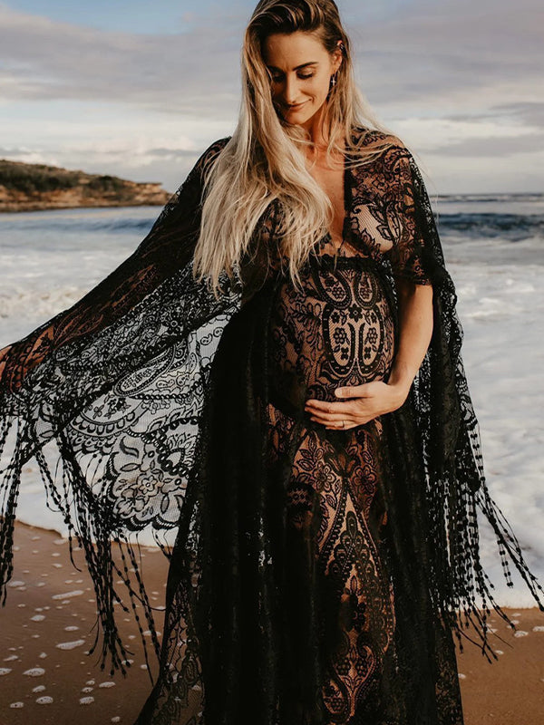 Momyknows Lace Tassel Flowers Photoshoot Maternity Maxi Dresses