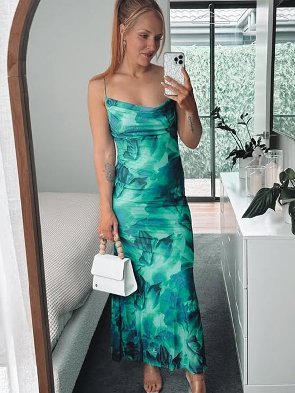 Momyknows Emerald Green Stamp Duty Spaghetti Strap Open Back Vacation Beach Maternity Photoshoot Maxi Dress