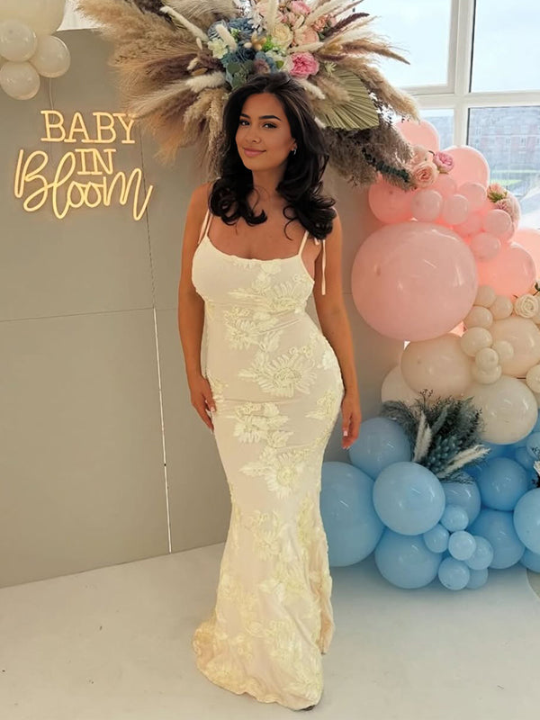 Momyknows Cream White Floral Tie Shoulder Strap Cami Elegant Maternity Baby Shower Maxi Dress