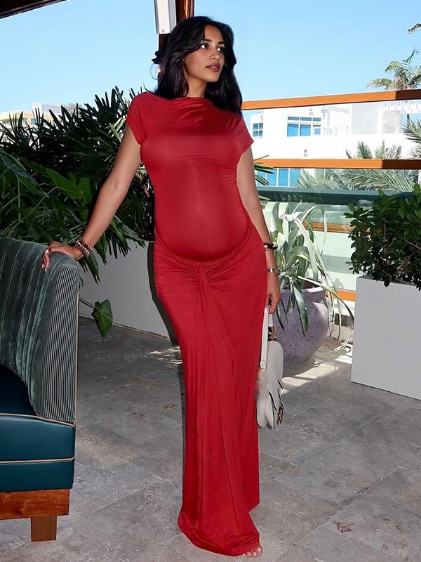 Red Ruched Draped Chic Maternity Going Out Maxi Dress, Red / M