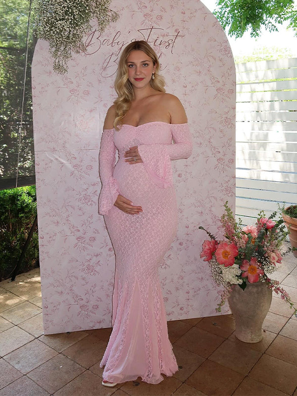 Momyknows Lace Off Shoulder Mermaid Baby Shower Maternity Maxi Dress Pink / M