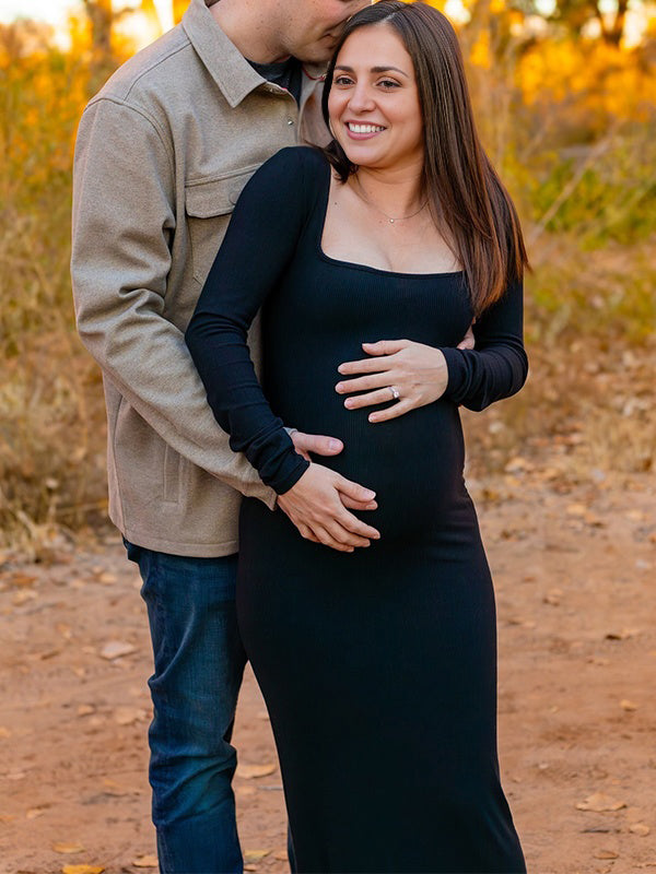 Momyknows Black Tie Back Hip Bodycon Photoshoot Maternity Maxi Dress