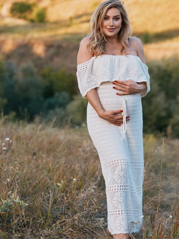 Momyknows Milk White Off Shoulder Lace-up Two Piece Maternity Photoshoot Maxi Dress