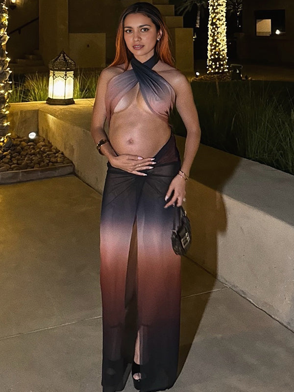 Momyknows Dark Brown Halter Neck Side Slit Maternity Photoshoot Maxi Dress