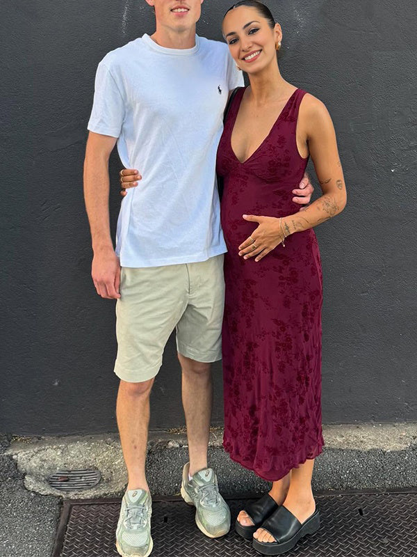 Momyknows Wine Red High Waisted Daily Maternity Maxi Dress