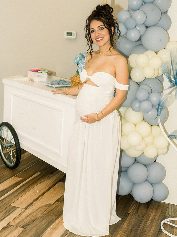 Momyknows White Off Shoulder Cut Out Big Swing Maternity Maxi Dress