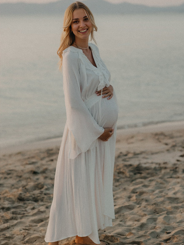 Momyknows White Ruffle Big Swing Ruched Boho Maternity Maxi Dress