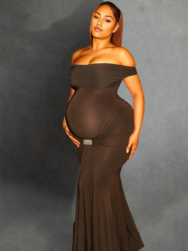 Momyknows Brown Off Shoulder Ruched Draped Metal Bukle Elegant Maternity Maxi Dress