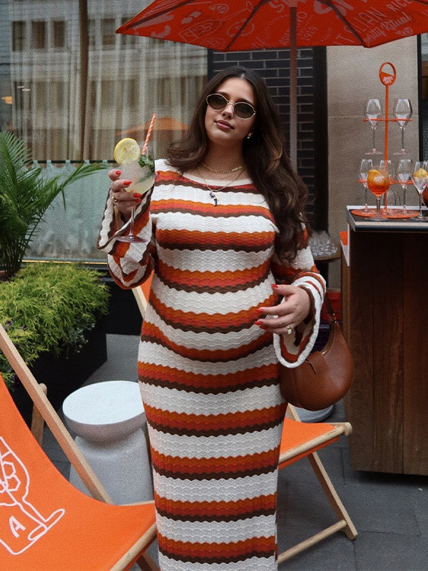 Momyknows Orange Knit Striped Backless Baby Shower Maternity Maxi Dress