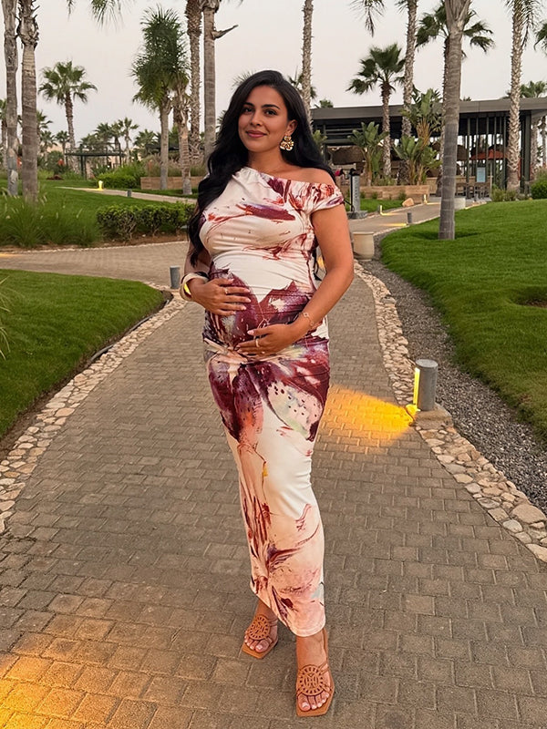 Momyknows Purple One Shoulder Flowers Vacation Maternity Maxi Dress