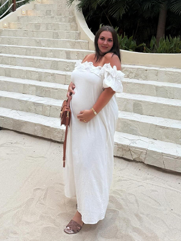 Momyknows White Off Shoulder Ruffle Side Slit Maternity Maxi Dress