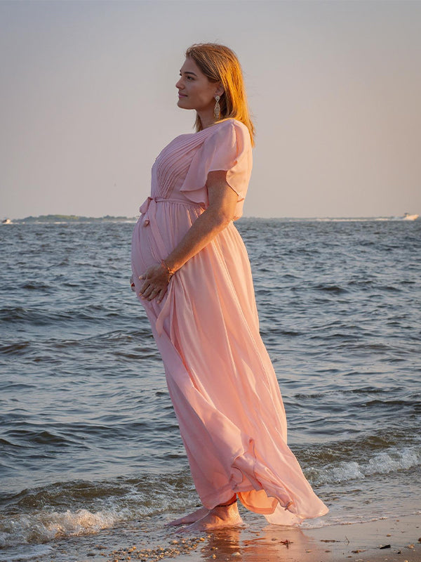 Momyknows Light Pink Belted Ruffle Flowy Photoshoot Maternity Maxi Dress