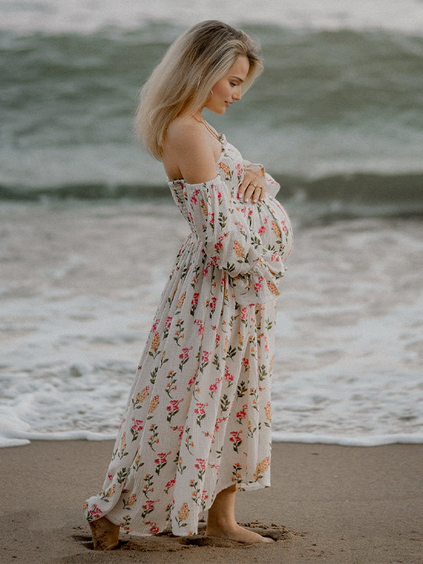 Momyknows Pink Off Shoulder Smocked Floral Photoshoot Maternity Maxi Dress