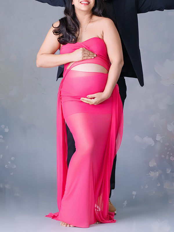 Momyknows Rose Carmine Cut Out Grenadine Draped Photoshoot Maternity Maxi Dress