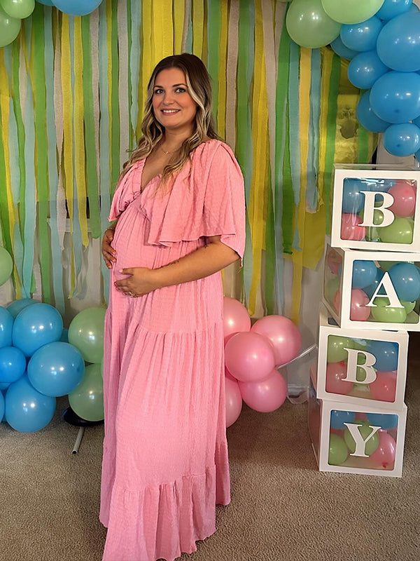 strapless open back dress Momyknows Pink Deep V Ruched Maternity Baby Shower Maxi Dress