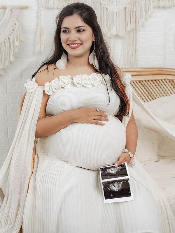 Momyknows Apricot Off Shoulder 3D Flower Ribbons Maternity Photoshoot Maxi Dress