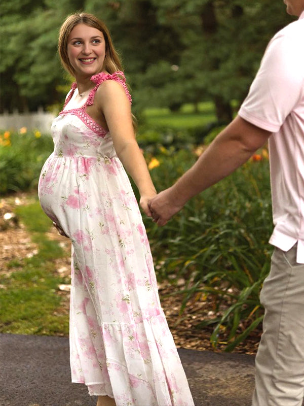 Momyknows Spaghetti Strap Stamp Duty Lace-up Maternity Photoshoot Maxi Dress