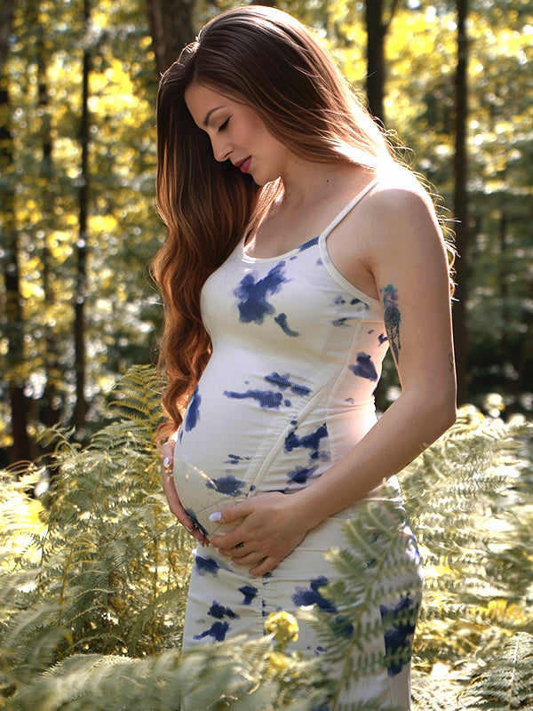 Momyknows Spaghetti Strap Stamp Duty Side Slit Drawstring Maternity Photoshoot Maxi Dress