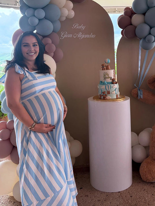 Momyknows Striped Lace-up Splicing Maternity Baby Shower Maxi Dress