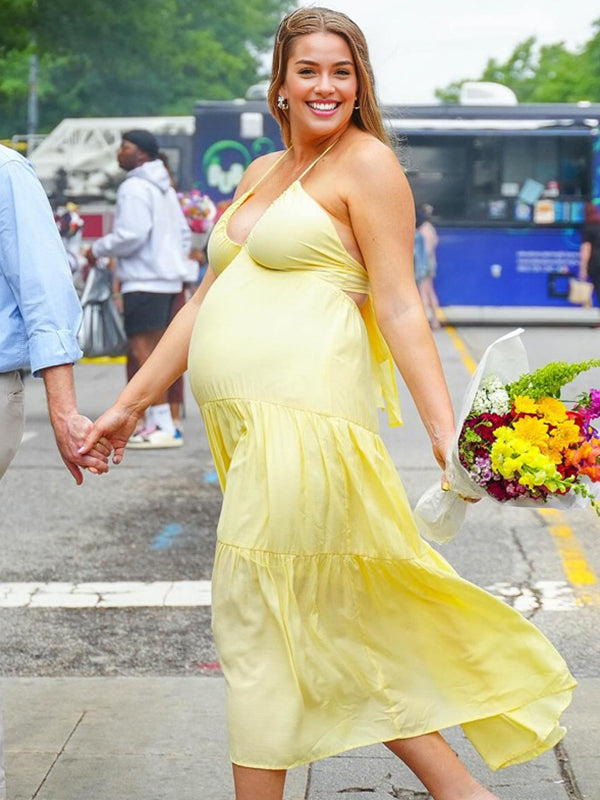 Momyknows V Neck Halter Neck Ruched Maternity Photoshoot Maxi Dress