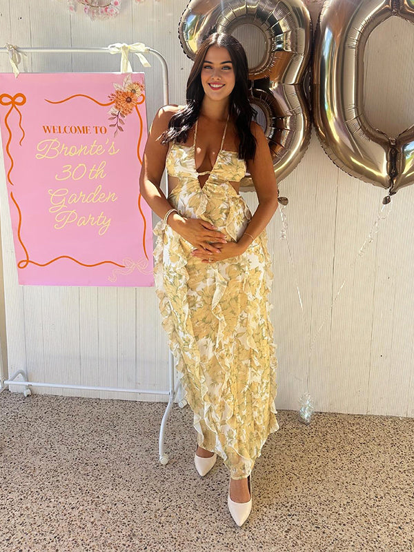 Momyknows Yellow Ruffle Floral Cut Out Baby Shower Maternity Maxi Dress