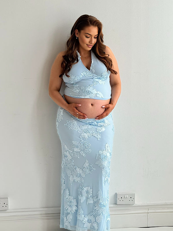 Momyknows 2 Pieces Embroidery Flowers Backless Photoshoot Maternity Maxi Dress