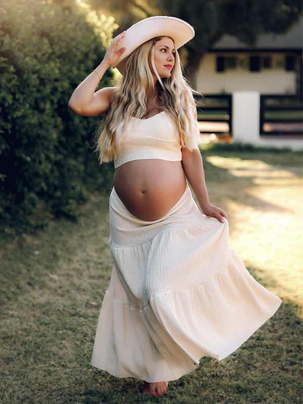 Momyknows Lvory 2 Pieces Smocked Flowy Photoshoot Maternity Maxi Dress Momyknows Lvory 2 Pieces Smocked Flowy Photoshoot Maternity Maxi Dress