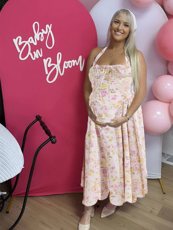 Momyknows Pink Floral Corset A-line Halter Neck Maternity Maxi Dress