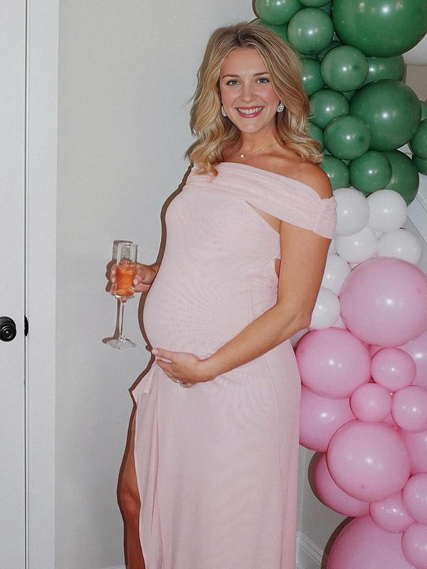 Momyknows Pink Mesh Off Shoulder Ruched Ruffle Side Slit Maternity Maxi Dress