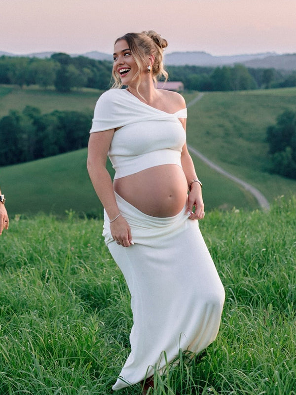 Momyknows White One Shoulder Ruched Crop Two Piece Set Maternity Maxi Dress