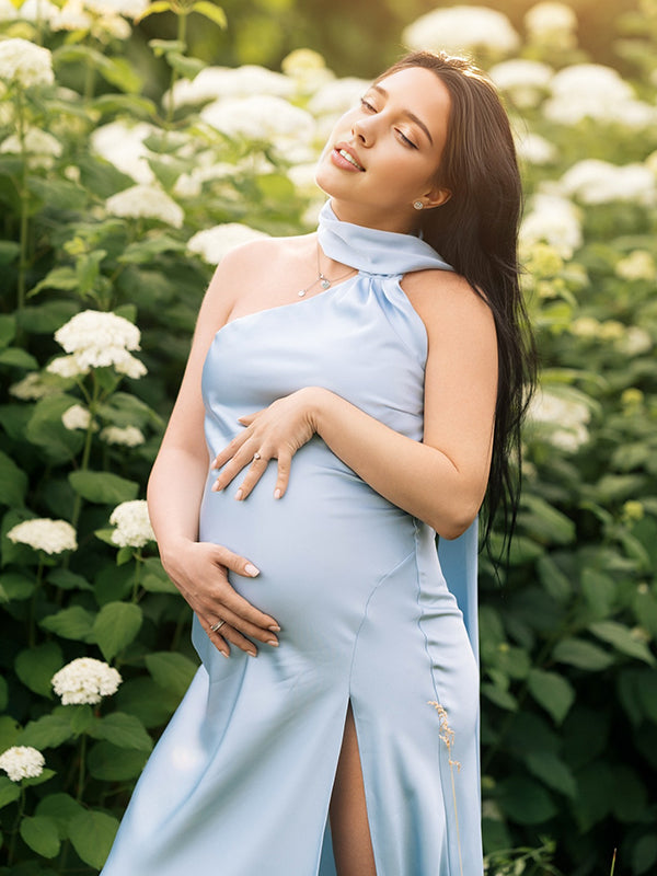 Momyknows Blue Stain One Shoulder Draped Side Slit Backless Maternity Maxi Dress