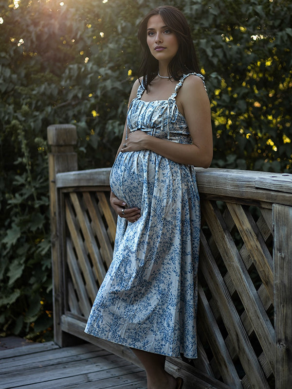 Momyknows Blue Floral Ruffle Bodice Buttons A-line Maternity Maxi Dress