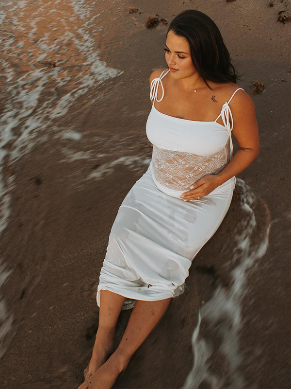 Momyknows White Lace Ruched Patckwork Tie Shoulder Cami Maternity Maxi Dress
