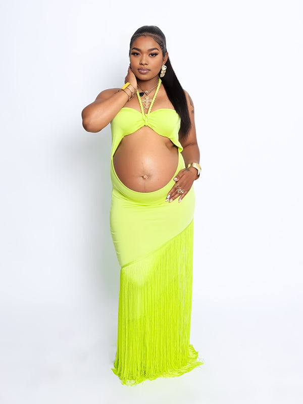 Momyknows Green Cut Out Tassel Backless Photoshoot Maternity Maxi Dress