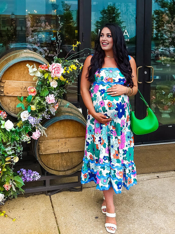 Momyknows Spaghetti Strap Stamp Duty Flower Maternity Photoshoot Maxi Dress
