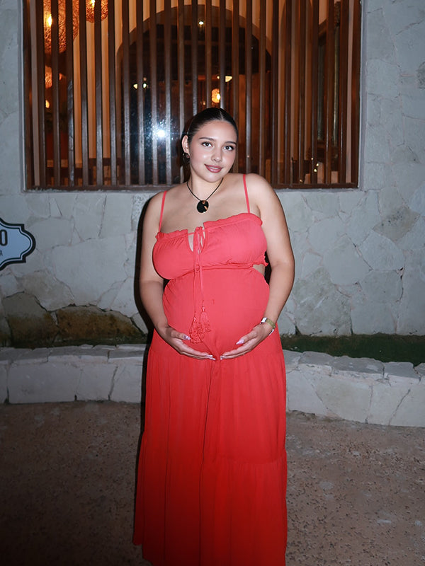 Momyknows Spaghetti Strap Spliced Lace-up Maternity Photoshoot Maxi Dress