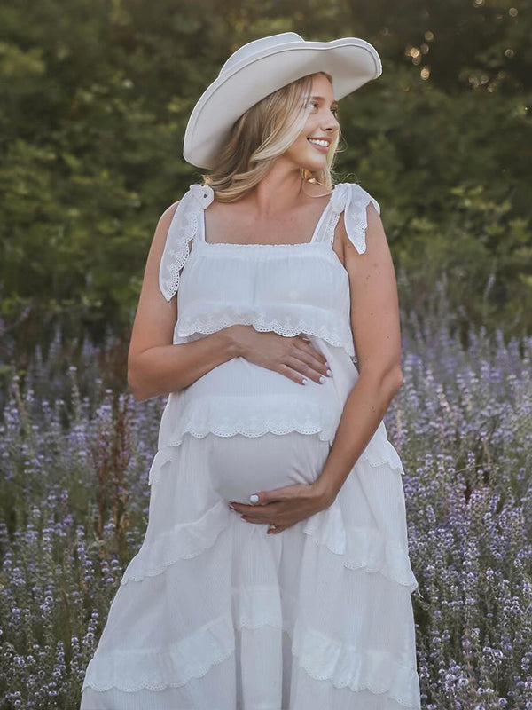 Momyknows Lace Ruffle Big Swing Tie Shoulder Boho Maternity Maxi Dress