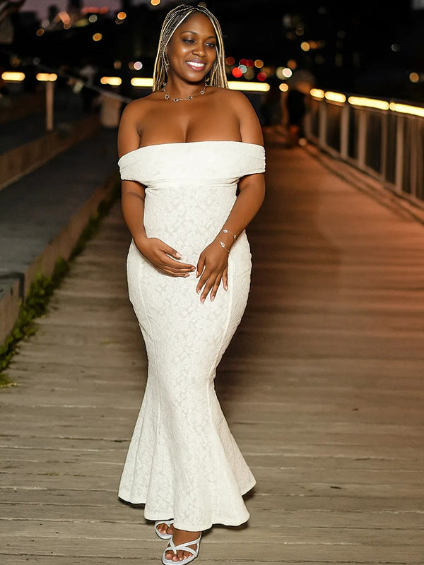 Momyknows Lace Off Shoulder Ruched Backless Bodycon Maternity Maxi Dress