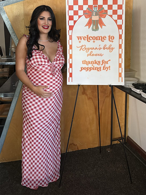 Momyknows Cherry Red Plaid Ruffle Lace-up Backless Maternity Maxi Dress