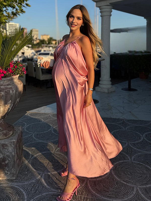 Momyknows Pink Satin Ruched Big Swing Cami Backless Elegant Maternity Maxi Dress